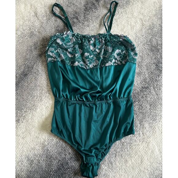 Auden Square Neck Bodysuit Top Emerald Teal Lace Floral Intimate Lingerie Large - Picture 1 of 10